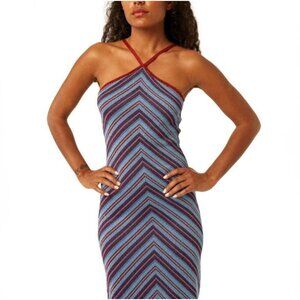 MISA LOS ANGELES DRESS for Valentines Knit Halter Midi Red & Blue‎ Metallic Sz L